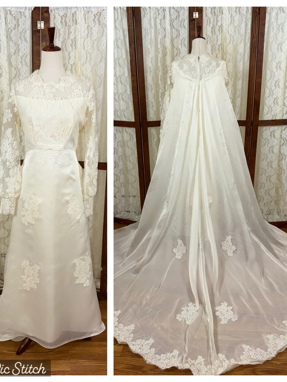 Gorgeous Vintage 1970s Organza Cape Train Wedding Gown